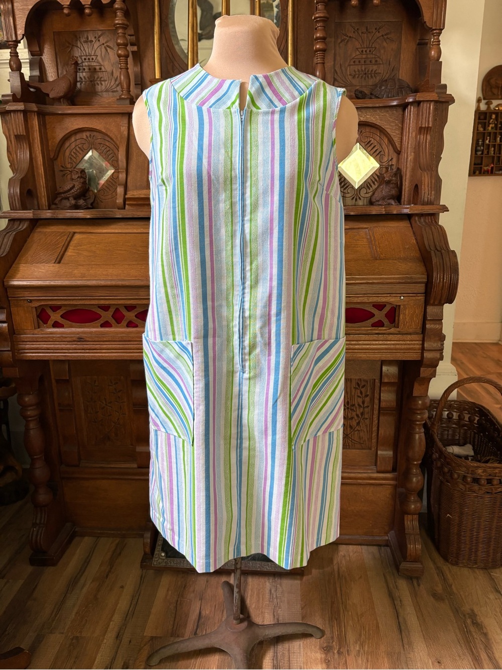 Vintage 60s Sears Sleeveless Striped Shift Dress in Pastel Multicolor
